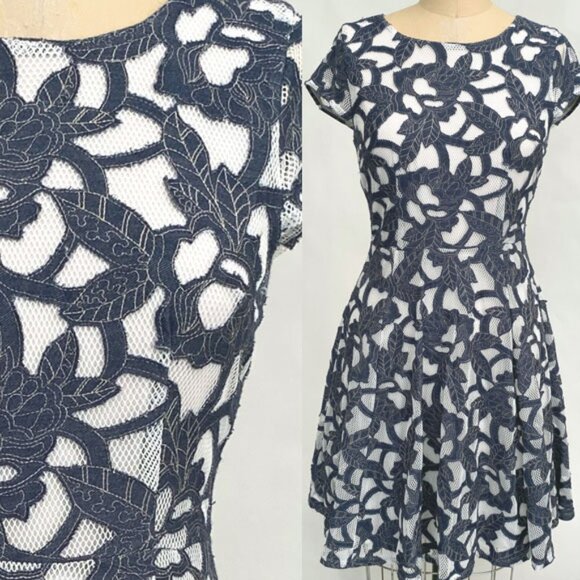 NWT Maison Jules Denim Laser-Cut Embroidery Mesh Fit & Flare Dress Size S - Picture 3 of 14
